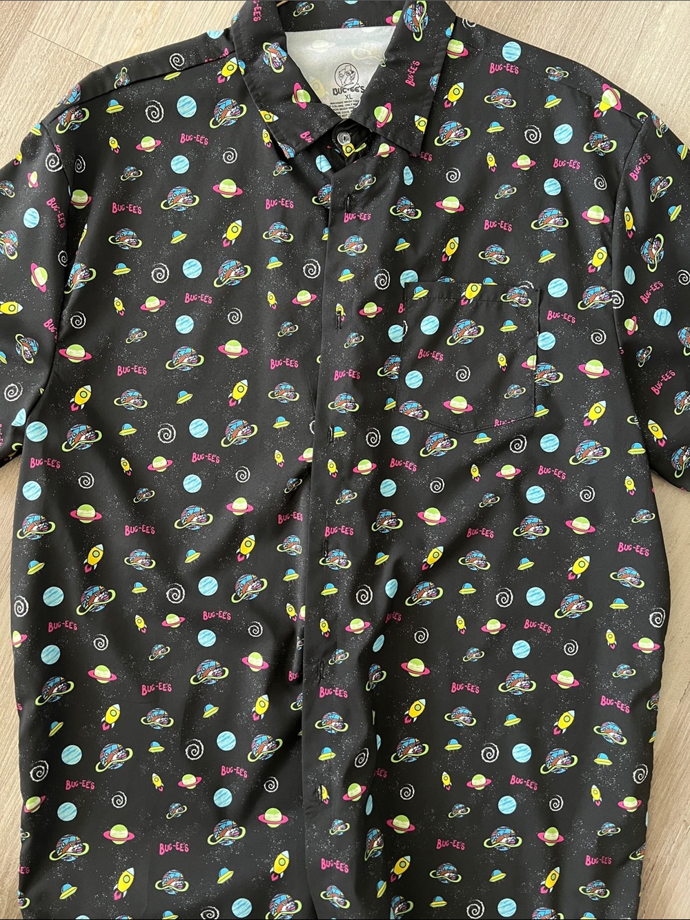 Black Short Sleeve Button-Up Shirt with Colorful Space Print